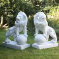 Handmade life size garden marble lion statue with ball sculpture